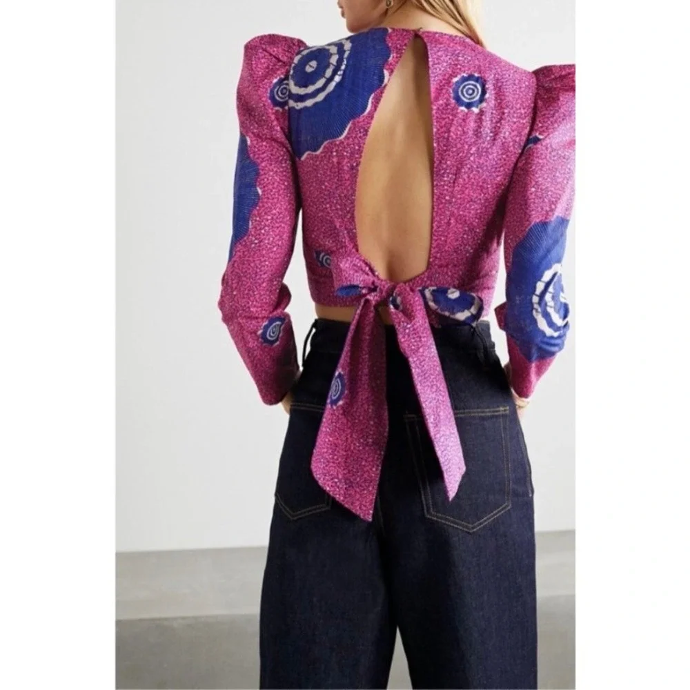 Ulla Johnson Eden Open Back Cotton Poplin Blouse Pink‎ Purple Floral Size 4